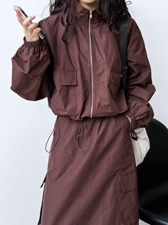 Long Sleeves Loose Drawstring Elasticity Pockets Solid Color Zipper Stand Collar Jacket Top + Split-Back Skirts Bottom Two Pieces Set BLACK-L Legging Cuir, Stand Collar Jacket, Stand Collar Jackets, Leisure Fashion, Split Skirt, Collar Jacket, Woman Silhouette, Zipper Jacket, Fashion Seasons