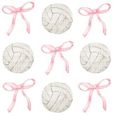 six watercolor volleyballs tied with pink ribbons and bows on white paper, set of eight