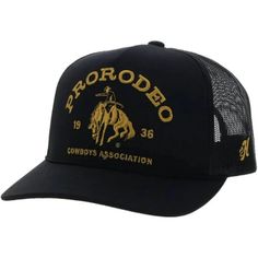 PRCA Black 5-Panel Trucker with Gold Logo - OSFA College Hats, Rodeo Cowboys, Country Hats, Girl Cowboy Boots, Twisted X Boots, Mens Trucker Hat, Branded Caps, Types Of Hats, Hat Stands