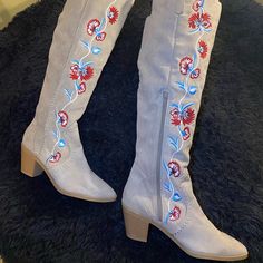 Very Rare Carlos By Carlos Santana Over The Knee Boots. Never Worn New Wide Calf Closed Toe Boots For Spring, Bohemian Closed Toe Boots For Spring, Spring Bohemian Suede Boots, Spring Bohemian Ankle-high Boots, Taupe Knee High Boots, Thigh High Black Boots, Floral Boots, Shoes Beige, Knee High Heels