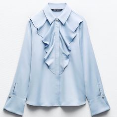 Nwt - Zara Women's Blue Blouse - Small - Silk Satin Finish Baby Blue Zara Ruffle Blouse With Jewel Pearl Button Detail And Hidden Buttons Down The Front. Blue Long Sleeve Ruffled Shirt, Light Blue Shirt For Office In Spring, Light Blue Shirt For Office, Spring Season, Light Blue Office Shirt For Spring, Light Blue Spring Office Shirt, Elegant Blue Shirt For Office Wear, Light Blue Long Sleeve Formal Top, Zara Light Blue Button-up Blouse, Chic Blue Shirt With Ruffles