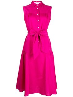 fuchsia pink cotton-linen blend classic collar front button fastening sleeveless tied waist tiered skirt flared hem mid-calf length Sleeveless Belted Shirt Dress For Summer, Pink Midi Length Shirt Dress For Daywear, Feminine Pink Midi Shirt Dress, Pink Midi Shirt Dress For Summer, Elegant Pink Shirt Dress For Summer, Pink Belted Midi Dress For Daywear, Pink Belted Midi Dress, Summer Workwear Pink Midi Dress, Pink Knee-length Tie Waist Midi Dress