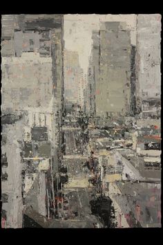 an abstract painting of cityscape with lots of buildings and skyscrapers in the background