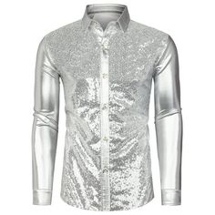 Long sleeves, sequin design, and sparkling make you eye-catching in the crowd. The classic button-down party shirt and slim tailoring perfectly show your charm. This sequined shirt is matched with a bow tie, trousers, shirt, blazer, and tuxedo to create a bright and handsome appearance. Suitable for multiple occasions, nightclubs, performance costumes, birthday parties, hip-hop, music festivals, Christmas, Halloween, role-playing, etc. Measurement (in inches) International Size----------Chest Gi Metallic Long Sleeve Top With Sequins, Fitted Disco Shirt For Party, Fitted Disco Style Party Shirt, Slim Fit Party Shirt For Fall, Fitted Disco Party Shirt, Fitted Long Sleeve Shirt For Costume Party, Winter Party Slim Fit Tops, Slim Fit Shirt For Summer Party, Sequin Party Shirt For Spring