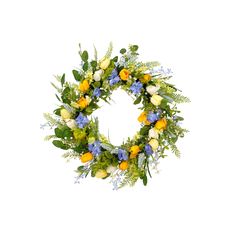 a wreath with yellow and blue flowers on it