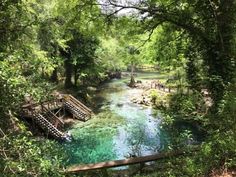 a small wooden bridge over a river surrounded by trees