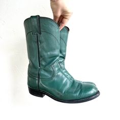 Vintage Justin Emerald Green Leather Western Cowgirl Boots  Brand - Justin Tag Size - 5 1/2 B Great condition with wear/scuffing and paint dings as seen in pics  Measurements  Outer sole - 10 in Insole - 9.5 in Heel - 1 in Full boot length - 9 in #vintagewesternboots #emeraldgreenwesternboots #justinleatherboots #westernboots #90scowgirlboots Vintage Green Boots With Round Toe, Vintage Green Leather Boots, Green Cowboy Boots, Justin Boots Womens, Amarillo Tx, Justin Boots, Western Cowgirls, Boots Womens, Western Cowgirl