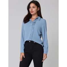 Keep your look semi-formal and elegant in cool weather with this basic shirt from Hobemty. Pair it with a tailored skirt or wide-leg pants and heels for a chic office look. Comfortable and casual, this pleated front shirt is perfect on its own or as a layer under a blazer or jacket. This shirt can be a perfect addition to almost any outfit from formal to daily wear, great for work, meetings, office, businesses, work, parties, cocktails, weddings, casual, daily dressing, etc. Collared Solid Color Blouse For Formal Occasions, Collared Solid Color Blouse For Formal Wear, Formal Collared Solid Color Blouse, Formal Collared Blouse In Solid Color, Elegant Solid Color Shirt For Work, Chic Solid Color Office Shirt, Casual Fall Blouse For Semi-formal Occasions, Casual Semi-formal Blouse For Fall, Elegant Solid Color Blouse For Business Casual