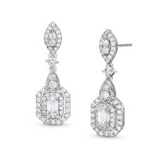 Define sophistication with the exquisite details of these ornate emerald-cut lab-created diamond drop earrings. Fashioned in cool 10K white gold Each drop features a 1/3 ct. emerald-cut lab-created diamond - wrapped in a double lab-created diamond frame. A single lab-created diamond connects the pear-shaped lab-created diamond composite top to the marquise-shaped lab-created diamond composite post. Captivating with 1-1/2 cts. t.w. of lab-created diamonds These earrings secure comfortably with fr Formal Platinum Diamond Earrings Baguette Cut, Formal Baguette Cut Platinum Diamond Earrings, Formal Baguette Cut Diamond Earrings With Diamond Accents, Formal Baguette Cut Diamond Earrings With Accents, Formal Baguette Cut Diamond Earrings, Formal Diamond White Diamond Earrings With Baguette Cut, Diamond White Baguette Cut Diamond Earrings For Formal, Diamond White Baguette Cut Diamond Earrings For Formal Occasions, Baguette Cut Diamond White Earrings For Formal Occasions