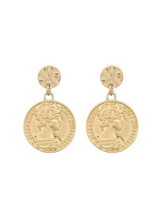 Elevate your look with our Majestic Coin Earrings. These chic drop earrings feature a worn gold color and a unique imprint on the coin. With a post back, they are easy to wear and will effortlessly elevate any outfit. Perfect for any occasion, these earrings will add an elegant touch to your wardrobe. Post Back Lightweight Worn Gold Coin Detail Coin Earrings, Gold Coin, Elevate Your Look, Gold Coins, Gold Color, Coin, Jewelry Earrings, Drop Earrings, Wardrobe