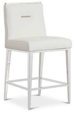 a white counter stool with an armrest and foot rest in front of a white background