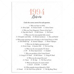 1994 Trivia Questions and Answers Printable by LittleSizzle Teen Girl Birthday Party, 1st Birthday Party Games, Girls Birthday Party Games, Anniversary Party Games, Pop Culture Trivia, 40th Anniversary Party, 61st Birthday, 61 Birthday