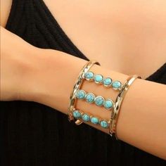 Hollow Out Cuff Bangle Bracelet Inlaid Turquoise Bohemian Style Geometric Metal Bracelet Bohemian Blue Cuff Bracelet, Trendy Turquoise Bracelets For Party, Turquoise Bohemian Bangle, Trendy Turquoise Bangle Jewelry, Adjustable Turquoise Cuff Bangle, Adjustable Blue Cuff Bangle, Bohemian Blue Cuff Bracelet For Party, Trendy Turquoise Metal Bracelets, Elegant Turquoise Cuff Bracelet