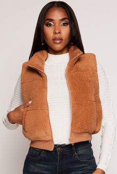 Almost Famous, Sleeveless, Collar, Vest, Cropped Hem, Zippers, Solid, Sherpa, Item Number 3414077139808 Puma Outfit, Weatherproof Boots, Collar Vest, Romper And Jacket, Cropped Vest, Outerwear Vest, Skirt Leather, Almost Famous, Pants And Leggings