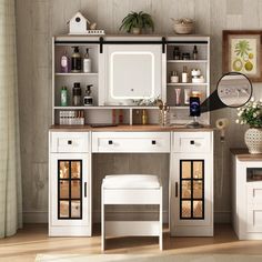 The design blends farmhouse elements, This makeup vanity table comes with a power strip, which includes 2 standard plug sockets and 2 USB ports. Easily connect a hair dryer, or curling iron, and charge your phone or other electronics. Gently touch the button to adjust 3 color modes, Long press to adjust brightness. Slide the mirror to either side you like freely making your daily beauty rituals effortless and enjoyable. Add elegance to your bedroom with a barn-door vanity desk. Crafted with meta Plug Sockets, Makeup Table Vanity, Beauty Rituals, Glass Cabinet Doors, Vanity Desk, Rgb Led Lights, Plug Socket, Drawer Slides, Vanity Table