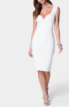 Keep your night-out look on point with this curve-skimming sleeveless sweater-dress. 39" length Back zip closure Deep V-neck Sleeveless Unlined 96% polyester, 4% elastane Machine wash, tumble dry Imported Chic White Bodycon Dress With Back Zipper, White Stretch Sleeveless Dress For Evening, White Stretch Sleeveless Evening Dress, White Sleeveless Bodycon Dress For Evening, White Sleeveless Dress With Invisible Zipper, White Sleeveless Dress With Sweetheart Neckline For Evening, Elegant White Dress With Invisible Zipper, White Bodycon Sleeveless Evening Dress, Elegant White Bodycon Dress With Back Zipper