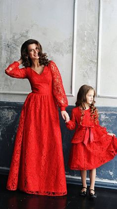 Red Lace Mother Daughter Matching Dress, Mommy and Me Formal Dress, Matching Outfit, Mother daughter matching dresses in red color Mommy`s outfit is floor length A line dress with long sleeves. Daughter`s dress is knee length lace dress with basque. Dresses are made of lace and are fully lined Dresses can be tailored in different colors of lace and tulle or color combinations, just contact me with your request. Length of the dress can be made as you wish. Any changes of the design of the dresses Knee Length Lace Dress, White Tulle Dress, Birthday Tutu Dress, Mother Daughter Dresses Matching, Red Holiday Dress, Mother Daughter Dress, Mommy And Me Dresses, Amrita Singh, Lace Formal Dress