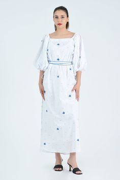 Fanm Mon Dress XXS / White with Blue Swiss Dots Nilufer Cotton Maxi Dress With Square Neck For Daywear, Elegant Cotton Maxi Dress With Straight Neckline, Cotton Square Neck Maxi Dress For Garden Party, Maxi Cotton Dress, Swiss Dot Fabric, Park Designs, Cotton Maxi Dress, Delicate Embroidery, Insurance Coverage