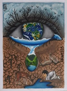 a drawing of an eye with the earth in it's center surrounded by animals