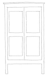 a drawing of an open window with three panes on the front and one side