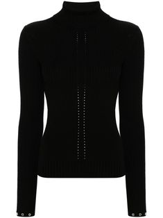 black wool knitted construction ribbed knit pointelle knit roll neck long sleeves metal eyelet detailing straight hem Elegant Textured Knit Turtleneck For Fall, Chic Turtleneck Pointelle Knit Sweater, Chic Turtleneck Sweater With Pointelle Knit, Chic Pointelle Knit Turtleneck Sweater, Elegant Textured Knit Turtleneck For Winter, Spring Textured Knit Turtleneck, Elegant Textured Knit Long Sleeve Turtleneck, Fitted Winter Turtleneck Knit Top, Fitted Turtleneck Knit Top For Winter