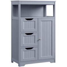 a gray cabinet with three drawers and two doors on the bottom, in front of a white background