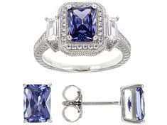 Bella Luce® tanzanite and white diamond simulants 6.76ctw octagon rectangle, round, and rectangle, rhodium over sterling silver jewelry set. Ring measures approximately 0.81" L x 0.44" W and is not sizable. Studs measure approximately 0.63" L x 0.19" W and has push back backings. White Gold Jewelry With Square-cut Accent Stones, Classic Tanzanite Jewelry, Cubic Zirconia Jewelry With Square Cut Accent Stones, Square Cut Cubic Zirconia Jewelry With Accent Stones, Classic White Gold Tanzanite Jewelry, Elegant Square Cut Jewelry With Accent Stones, Modern Jewelry With Rectangular Accent Stones, Classic Sterling Silver Octagon Jewelry, Cubic Zirconia Baguette-cut Jewelry With Center Stone