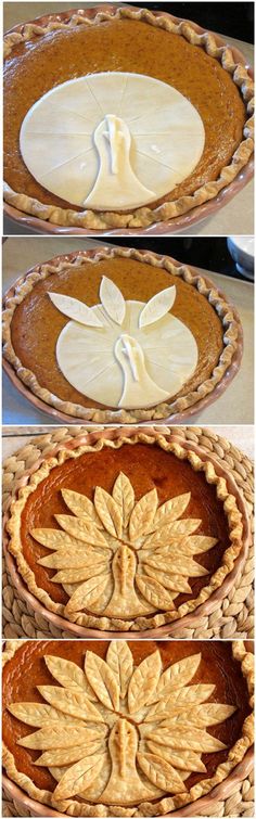 three different views of pies with leaves on them