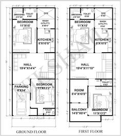 two story house plan with floor plans and measurements for the first floor, from top to bottom