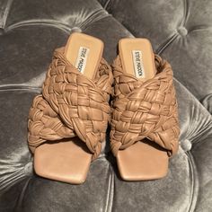 Steve Madden Marina Nude Thick Braided Slide Sandal. ¼ Inch Heel. Square Toe. See Last Pic For Product Details From Company. Very Comfortable. Worn A Few Times. Excellent Condition. Look Brand New. No Rips Tears Or Scratches. Comes With Original Box Without Lid. Smoke And Pet Free Home. Synthetic Woven Leather Block Heels, Beige Synthetic Mules With Wrapped Heel, Chic Synthetic Heels With Woven Leather, Brown Synthetic Heels With Woven Leather, Brown Woven Leather Heels, Chic Synthetic Woven Leather Heels, Brown Synthetic Woven Leather Heels, Synthetic Sandals With Wrapped Heel For Day Out, Day Out Sandals With Wrapped Heel