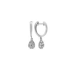 Crafted from quality 14 karat white gold  these fantastic hoop earrings feature 20 round diamonds  at approximately .28 carat total weight. Hand-selected for maximum fire and sparkle  the designs hang at 3/4 of an inch long and are secured with latch backs. Fine Jewelry Dangle Hoop Earrings With Halo Design, Fine Jewelry Teardrop Huggie Earrings With Diamond Accents, Teardrop Huggie Earrings With Diamond Accents, Diamond Brilliant Cut Dangle Hoop Earrings, Diamond Hoop Earrings With Brilliant Cut Dangle, Teardrop Vvs Clarity Diamond Earrings In White Gold, Teardrop White Gold Diamond Earrings With Vvs Clarity, White Gold Teardrop Diamond Earrings With Vvs Clarity, White Gold Dangle Hoop Earrings With Brilliant Cut