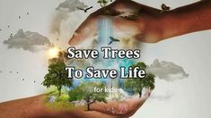 two hands holding an earth with trees in it and the words save trees to save life for kids