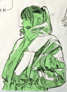 a drawing of a woman with green hair and an earpiece on her head, wearing a jacket