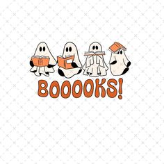 three ghost reading books with the word boooos in orange and black on them