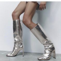 Don’t Be Fooled, Chrome Is Still Trending! These Are The Perfect Way To Incorporate Silver In A Class Way Without Overdoing It. So Comfy Thanks To The Block Heel, And Matches Anything. Never Worn Make An Offer Silver Block Heels, Camel Boots, Heel Stretch, Silver Boots, Fabric Boots, Metallic Boots, Floral Boots, Zara Boots, Zara Heels