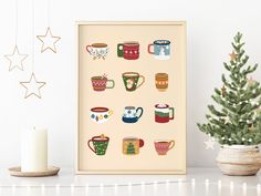 a christmas tree is next to a framed photograph with coffee cups on it and stars hanging from the ceiling