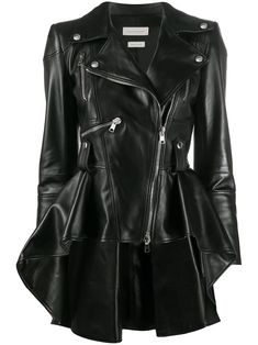 Black lambskin leather/silk flared leather biker jacket from Alexander McQueen featuring notched lapels, long sleeves, front zip fastening, multiple zip-fastening pockets, belted waist, high-low hem and flared design. Peplum Designs, Leather Peplum, Alexander Mcqueen Clothing, Biker Outfit, Peplum Jacket, Black Peplum, Peplum Hem, Biker Jacket