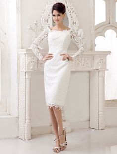 Short Simple Wedding dresses 2021 lace long sleeve slit Ivory Knee Length bridal reception dress misshow Older Bride Dresses, Long Sleeve Prom Dresses, Bridal Reception Dress, Ivory Lace Wedding Dress, Prom Dresses With Pockets, Corset Dress Prom, Long Sleeve Prom, Off The Shoulder Long Sleeve, Ivory Wedding Dress