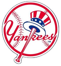 the yankees logo is shown in red, white and blue