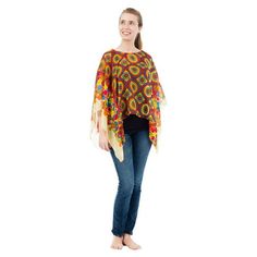 Up2date Fashion's Women's Rainbow Mix Print Poncho is a colorful, free-spirited, fashion accessory that looks great worn over dress pants, jeans, shorts, and skirts. Made of extremely lightweight, see-through, polyester, silky soft chiffon, this women's poncho has a comfortable nine-inch neck opening and no side seam and is easily cared for with regular machine washing. With a length and width of 64 inches and a top-to-bottom measurement of 26 inches, this poncho fits women of most sizes from ex One Size Casual Poncho For Spring, Casual Fall Beach Poncho, Casual Fall Poncho For The Beach, Casual Flowy Poncho For Spring, Casual Flowy Spring Poncho, Hippie Long Sleeve Poncho, Free Size Beach Poncho For Fall, One Size Poncho For Vacation In Fall, One Size Poncho For Fall Vacation