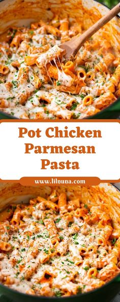 pot chicken parmesan pasta in a green casserole dish