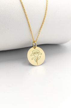 Welcome to ElegantGoldJewels, Find all the information you need about your charm: Material of pendant: 14K Solid Gold Stamp: 585 (14K) Thickness: 0.5mm Jumpring Diameter: 4mm The pendant is available in 6 sizes: - 15mm / 0.59 inches - 18mm / 0.70 inches - 20mm / 0.78 inches - 22mm / 0.86 inches - 24mm / 0.94 inches - 26mm / 1.02 inches - 28mm / 1.10 inches - 30mm / 1.18 inches Chains Information: Rolo Chain: -14K Real Gold - 0.70mm thick - Spring Ring Clasp - 16 inches / 40cm - 0.72 grams - 18 i Anniversary Round Flower Charm Necklace, Yellow Gold Birth Flower Charm Necklaces, Yellow Gold Flower Charm Necklaces, Yellow Gold Flower Necklaces With Charms, Yellow Gold Flower-shaped Necklaces With Charms, Dainty Round Flower Necklace With Charm, Yellow Gold Flower-shaped Necklace With Charms, Flower Charm Necklaces With Flower Pendant For Jewelry Making, Yellow Gold Flower Charm Necklace With Round Pendant