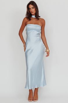 Shop the Damsel Reverse Halter Maxi Dress Baby Blue | Selfie Leslie Baby Blue Dress Outfit Wedding, Satin Dress Outfit Classy, Baby Blue Bridesmaid Dresses, Blue Selfie, Maxi Dress Strapless, Dress Baby Blue, Selfie Leslie, Classy Dresses, Yellow Bridesmaid Dresses