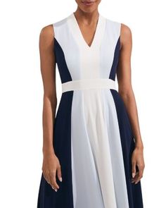 Hobbs London Jilly Color Blocked Midi Dress Blue Color Block Dress For Work, Elegant Spring Color Block Midi Dress, Elegant Color Block Midi Dress For Spring, Chic Color Block Midi Dress With V-neck, Chic V-neck Color Block Midi Dress, Elegant Color Block Mini Dress For Spring, Chic V-neck Color Block Dresses, Elegant Color Block Mini Dress, Elegant Sleeveless Color Block Midi Dress