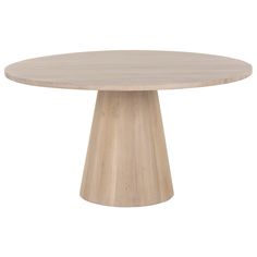 a round wooden table sitting on top of a white floor