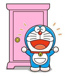 a cartoon character standing in front of a pink door