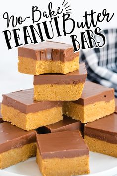 no - bake peanut butter bars stacked on top of each other with text overlay