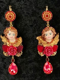 Red Cherub Drop Earrings, Hand Cast, Painted & Gilded With 24ct Gold Plated Vintage Swarovski Florette, Czech Facetted Rhinestone Drops - Etsy Ornate Red Earrings For Party, Red Hand Painted Dangle Jewelry, Red Hand-painted Dangle Jewelry, Hand Painted Red Dangle Jewelry, Gold Hand Painted Jewelry For Formal Occasions, Unique Red Jeweled Jewelry, Hand Painted Red Elegant Earrings, Hand-painted Red Jewelry For Valentine's Day, Elegant Hand Painted Red Earrings