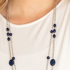 A Pair Of Lengthened Silver Chains Are Accented With Deep Navy Blue Faceted Beads In Varying Sizes For A Delightfully Whimsical Display. Features An Adjustable Clasp Closure. Sold As One Individual Necklace. Includes One Pair Of Matching Earrings. Elegant Blue Beaded Necklaces With Chain, Elegant Blue Beaded Necklace With Adjustable Chain, Blue Beaded Necklaces With Chain, Elegant Blue Jewelry With Beaded Chain, Elegant Blue Beaded Chain Jewelry, Blue Jewelry With Round Bead Chains, Blue Jewelry With Round Beads Chain, Deep Navy Blue, Silver Chains