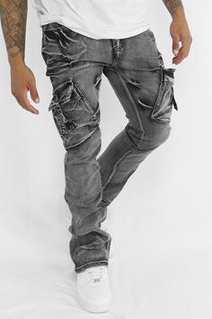 Cargo Shine Super Stacked Denim (Black Wash) - Zamage Urban Washed Black Cargo Jeans With Five Pockets, Urban Style Washed Black Cargo Jeans, Straight Leg Denim Jeans For Urban Adventures, Gray Denim Jeans For Streetwear, Edgy Gray Denim Jeans, Urban Washed Black Cargo Jeans, Urban Washed Black Jeans, Urban Jeans With Side Pockets, Urban Washed Black Denim Cargo Pants